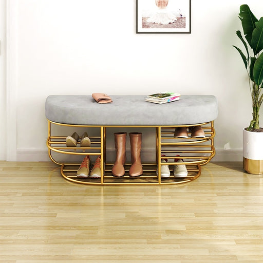 Modern Upholstered Entryway Bench Gray Bench with Shelf Gold