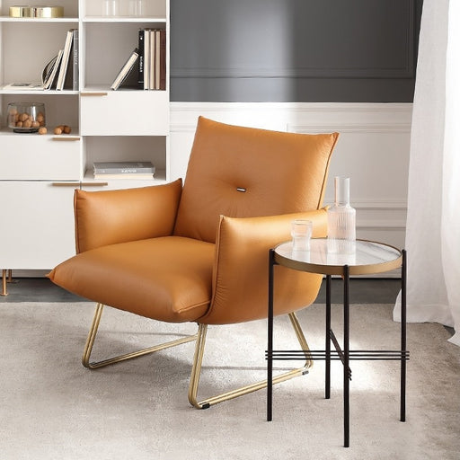 Orange Leath-Aire Fabric Accent Chair Upholstered Arm Chair Stainless Steel Gold Legs