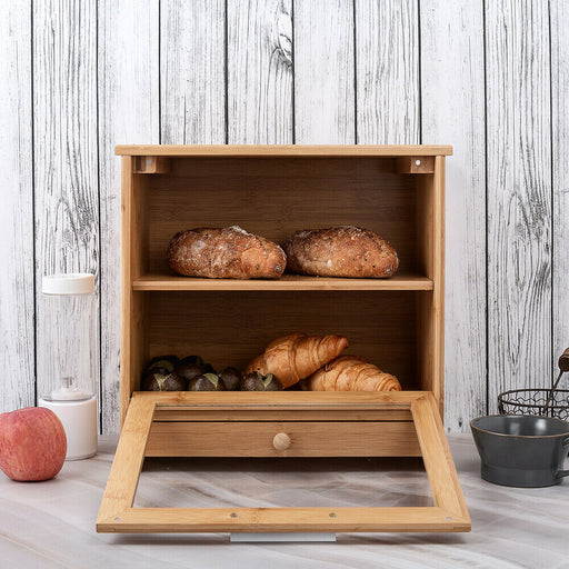 Modern Bamboo Wood Bread Box Roll Top Large Kitchen Storage Container