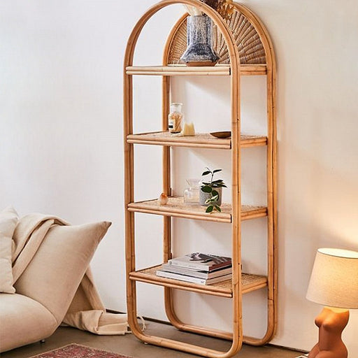Rattan Bookshelf Magazine Holder 4-Shelf Office Bookcase with Open Storage