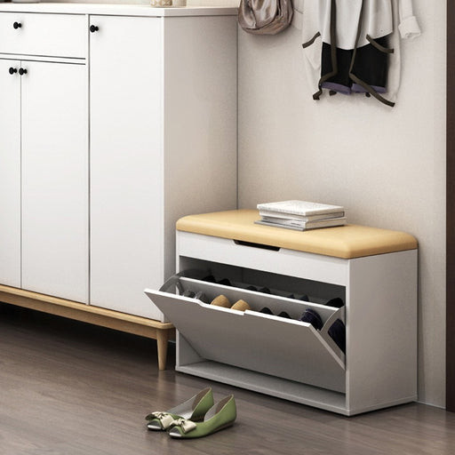 Rectangular Shoe Cabinet with Yellow PU Leather Upholstered Top Entryway Bench with Storage