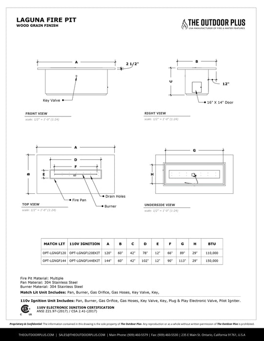 The Outdoor 120" Plus Laguna Wood Grain Fire Pit - 110V Plug & Play Electronic Ignition - OPT-LGNGF120EKIT