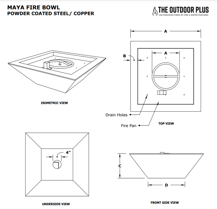 The Outdoor Plus 24" Maya Powder Coated Fire Bowl - 12V Electronic Ignition - OPT-24SQPCFOE12V