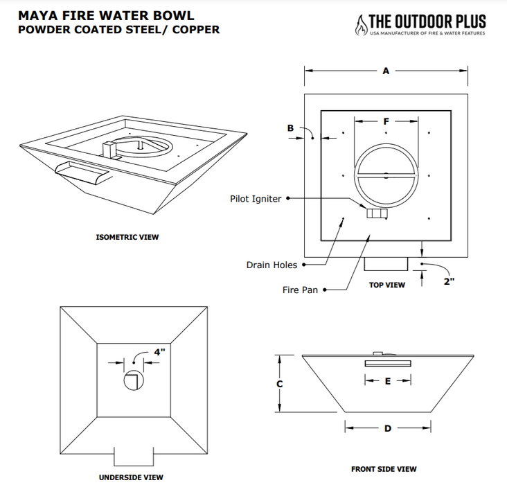 The Outdoor Plus 24" Maya Powder Coated Fire & Water Bowl - 12V Electronic Ignition - OPT-24SQPCFWE12V