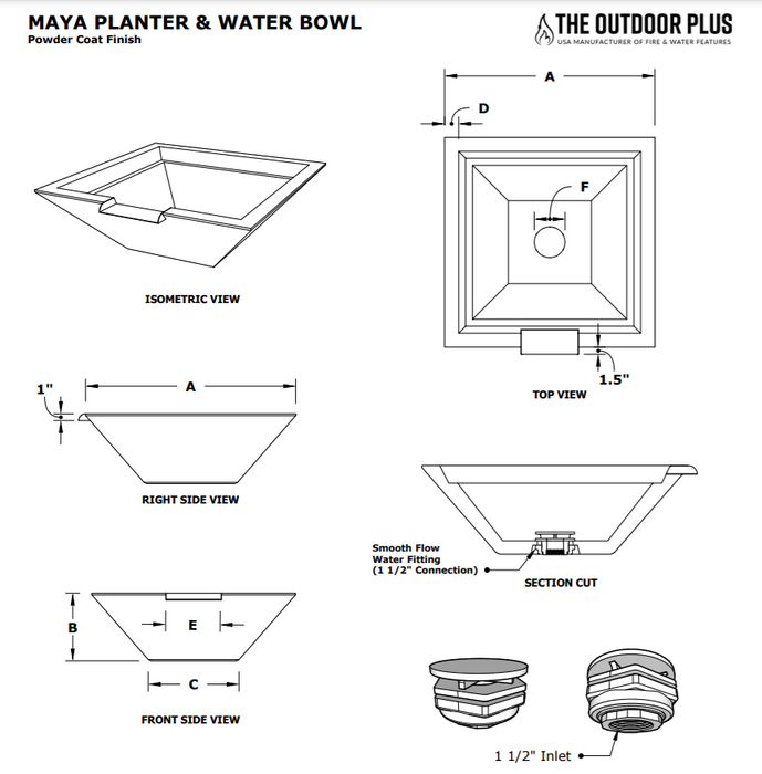 The Outdoor Plus 24" Maya Powder Coated Planter & Water Bowl - OPT-24SQPCPW