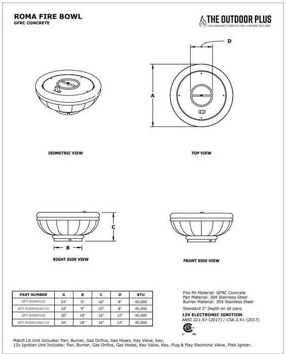 The Outdoor Plus 24" Roma GFRC Concrete Fire Bowl - Match Lit - OPT-ROMFO24