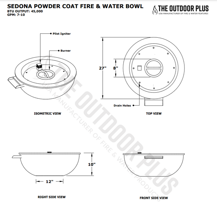 The Outdoor Plus 27" Sedona Powder Coated Fire and Water Bowl - 12V Electronic Ignition - OPT-27RPCFWE12V