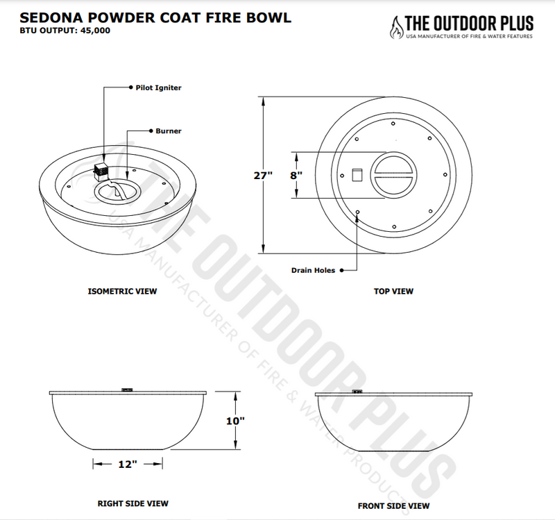 The Outdoor Plus 27" Sedona Powder Coated Fire Bowl - Electronic Ignition - OPT-27RPCFOE12V-1
