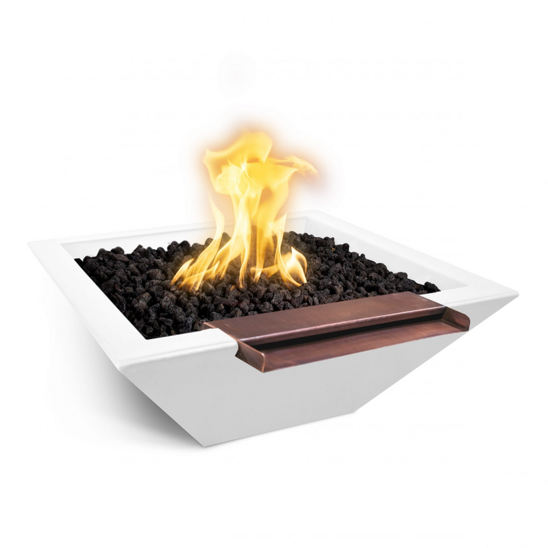 The Outdoor Plus 30" Maya GFRC Concrete Square Fire & Water Bowl with Wide Spill - Match Lit -  OPT-30SFWWS
