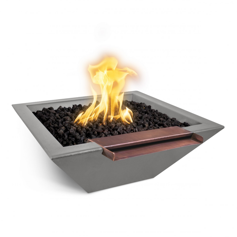 The Outdoor Plus 30" Maya GFRC Concrete Square Fire & Water Bowl with Wide Spill - Match Lit -  OPT-30SFWWS