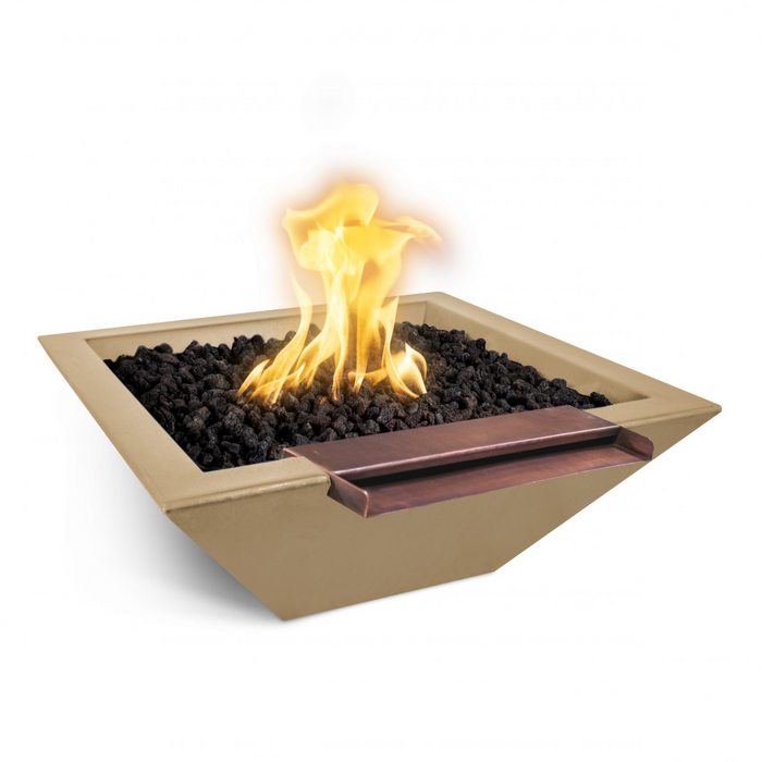 The Outdoor Plus 30" Maya GFRC Concrete Square Fire & Water Bowl with Wide Spill - Match Lit -  OPT-30SFWWS