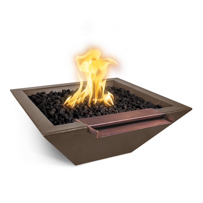 The Outdoor Plus 30" Maya GFRC Concrete Square Fire & Water Bowl with Wide Spill - Match Lit -  OPT-30SFWWS