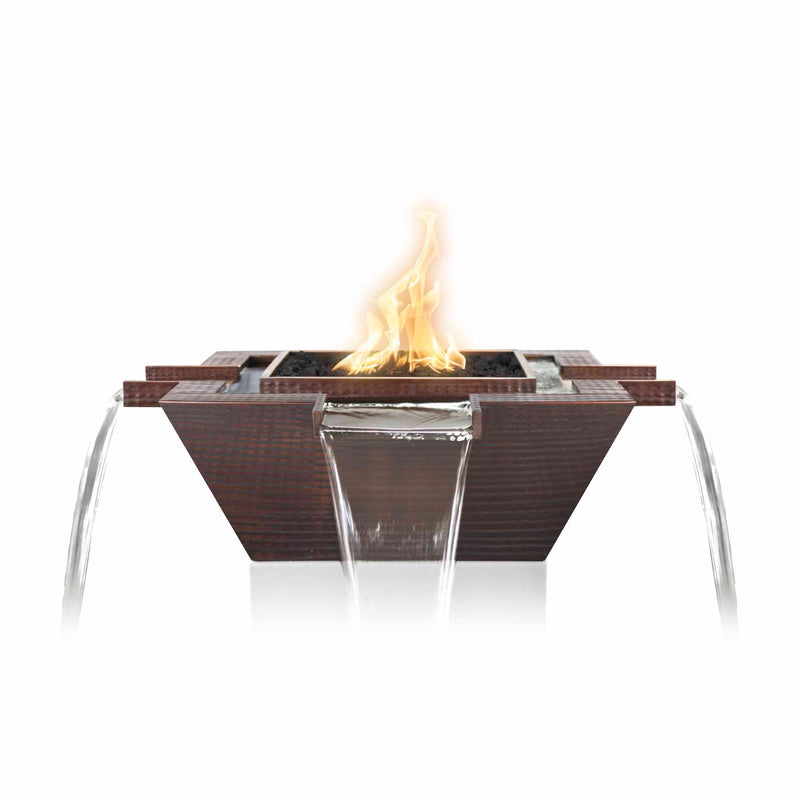 The Outdoor Plus  30" Maya Hammered Copper Fire & Water Bowl - 4-Way Spill - 12V Electronic Ignition - OPT-30FW4WE12V
