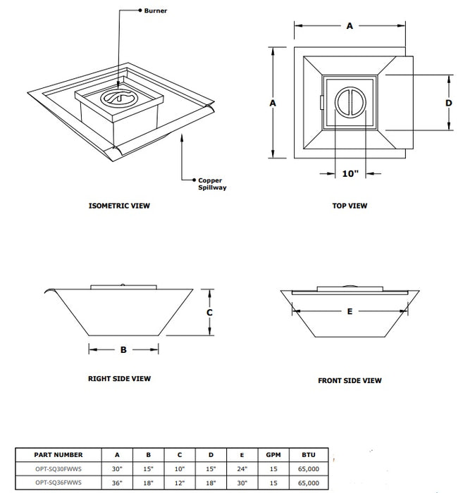 The Outdoor Plus  30" Maya Hammered Copper Fire & Water Bowl - Wide Gravity Spill - 12V Electronic Ignition - OPT-SQ30FWWSE12V