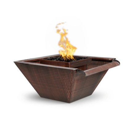 The Outdoor Plus  30" Maya Hammered Copper Fire & Water Bowl - Wide Gravity Spill - Match Lit - OPT-SQ30FWWS