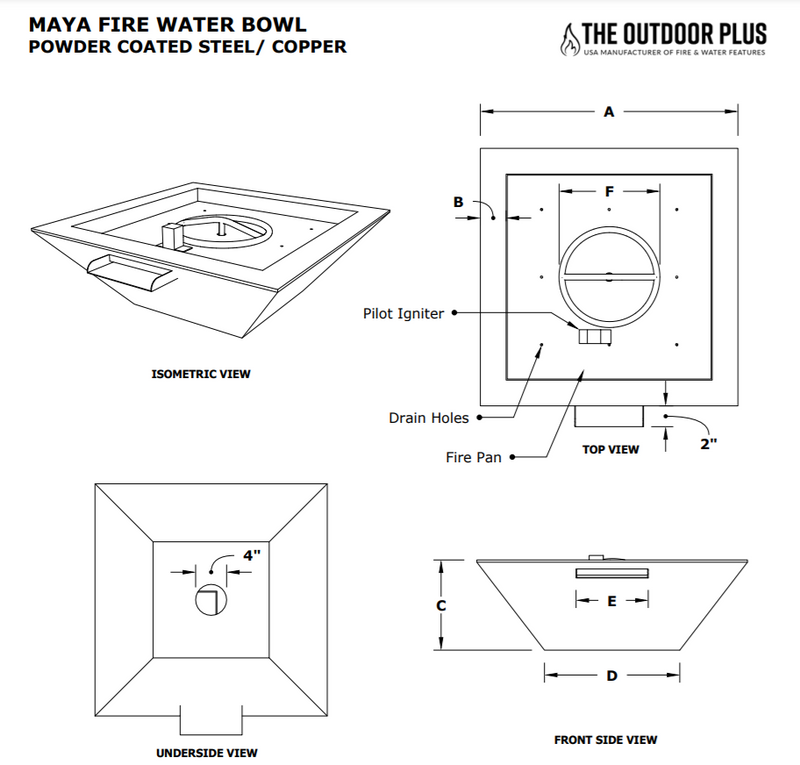 The Outdoor Plus 30" Maya Powder Coated Fire & Water Bowl - 12V Electronic Ignition - OPT-30SQPCFWE12V