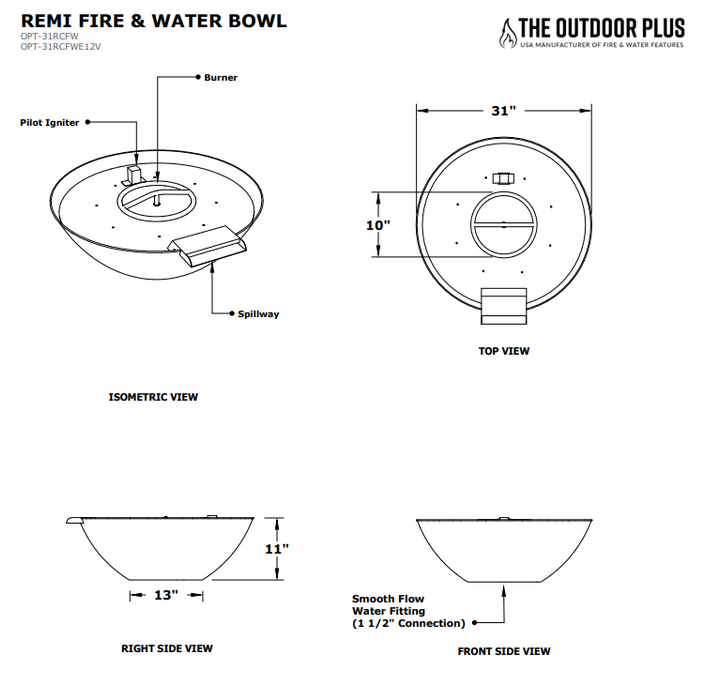 The Outdoor Plus 31" Remi Hammered Copper Fire & Water Bowl - 12V Electronic Ignition - OPT-31RCFWE12V