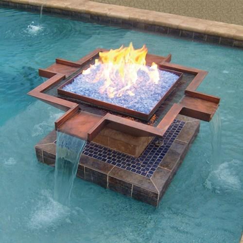 The Outdoor Plus 36" Maya Hammered Copper Fire & Water Bowl - 4-Way Spill - 12V Electronic Ignition - OPT-36FW4WE12V