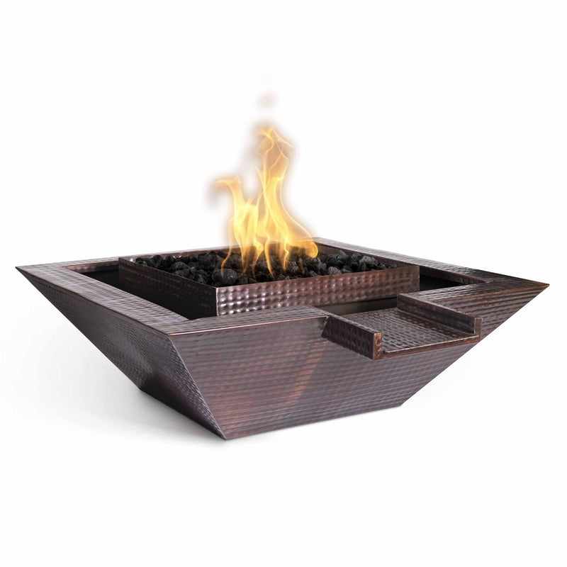 The Outdoor Plus  36" Maya Hammered Copper Fire & Water Bowl - Gravity Spill - 12V Electronic Ignition- OPT-SQ36FANDWE12V
