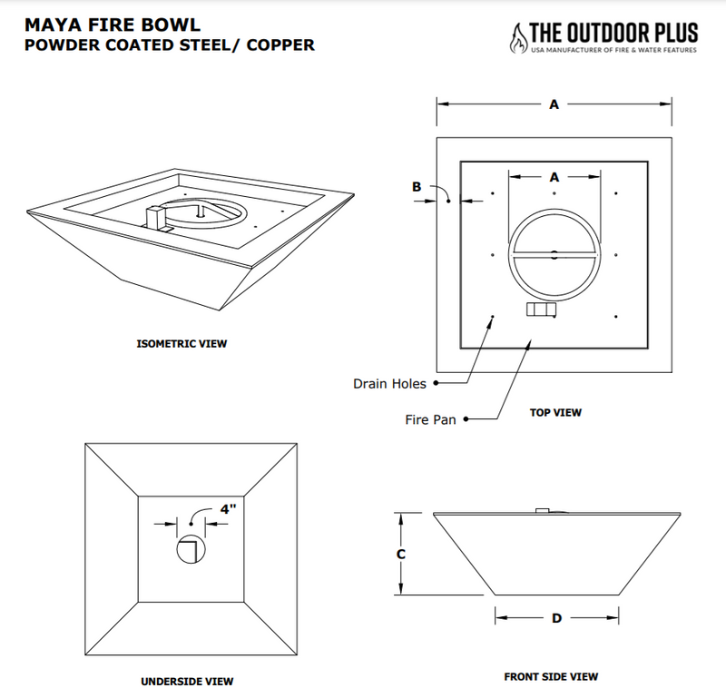 The Outdoor Plus 36" Maya Powder Coated Fire Bowl - Match Lit - OPT-36SQPCFO