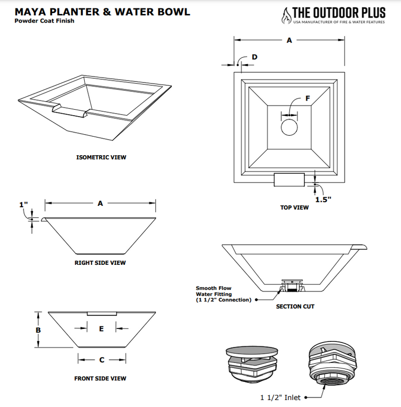 The Outdoor Plus 36" Maya Powder Coated Planter & Water Bowl - OPT-36SQPCPW
