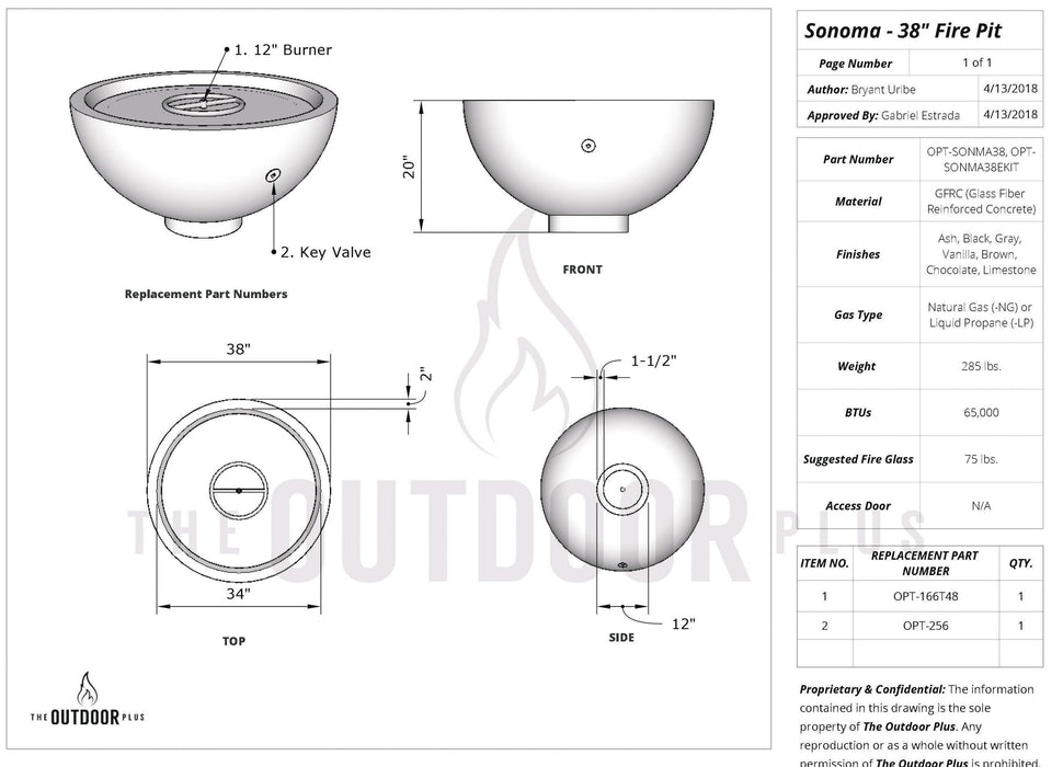 The Outdoor Plus 38" Sonoma Concrete Fire Pit -12V Electronic Ignition - OPT-SONMA38E12V