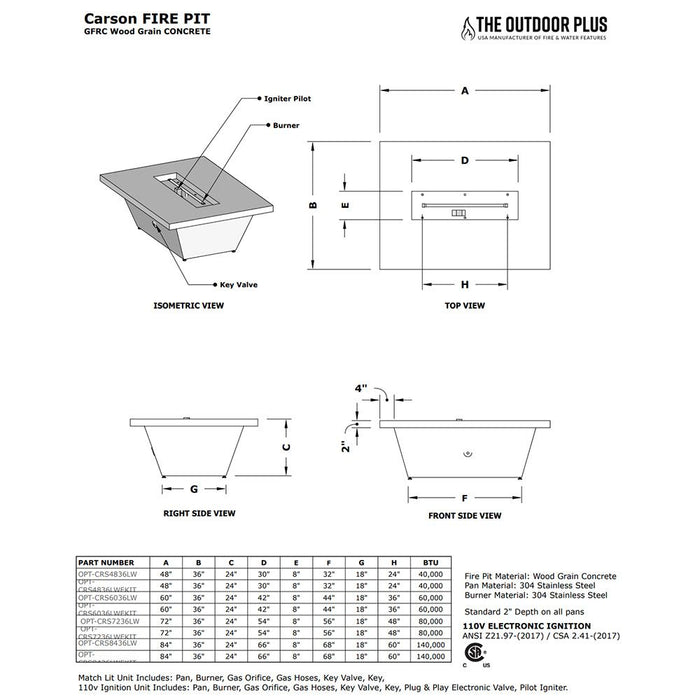 The Outdoor Plus 48" Carson GFRC Wood Grain Fire Pit - 24" Tall - 110V Plug & Play Electronic Ignition - OPT-CRS4836EKIT