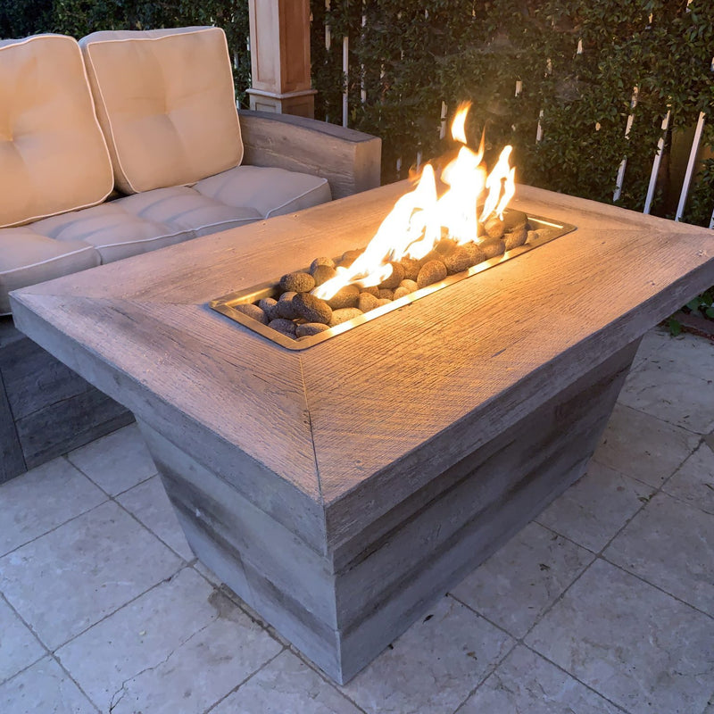 The Outdoor Plus 48" Carson GFRC Wood Grain Fire Pit - 24" Tall - Match Lit with Flame Sense System - OPT-CRS4836FSML