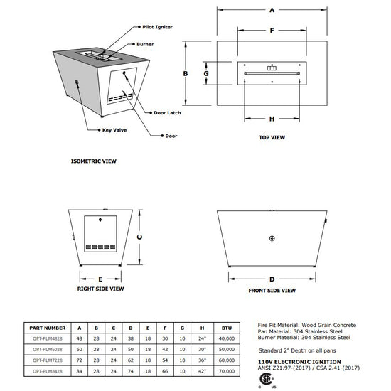 The Outdoor Plus 48" Plymouth Rectangular Wood Grain Fire Pit - 16" Tall - 12V Electronic Ignition - OPT-PLM4828LWE12V