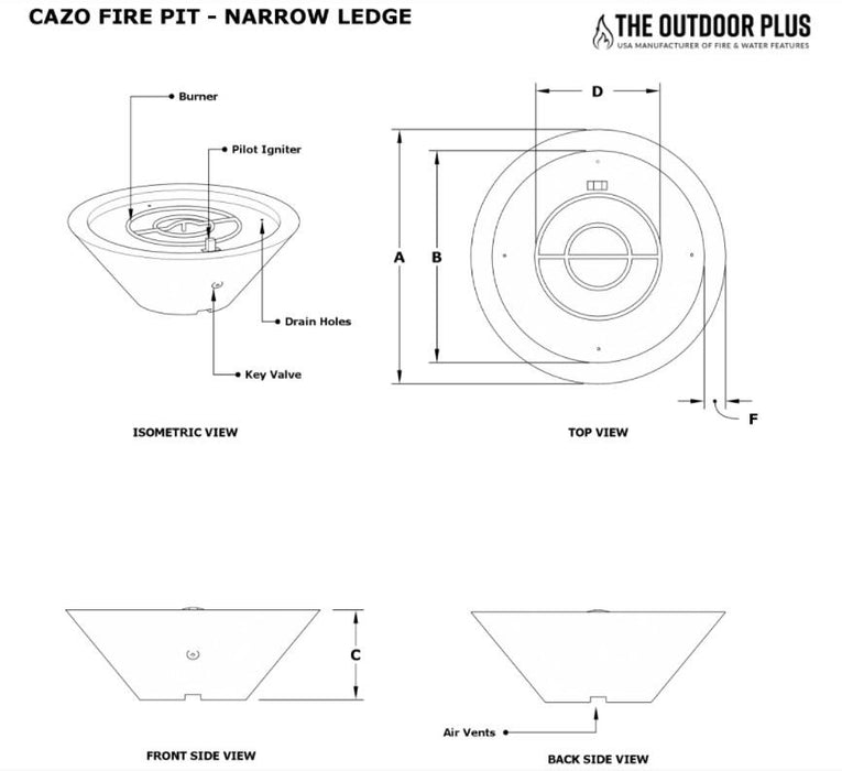 The Outdoor Plus 60" Cazo Fire Pit - Narrow Lip -12V Electronic Ignition - OPT-CZNL60E12V