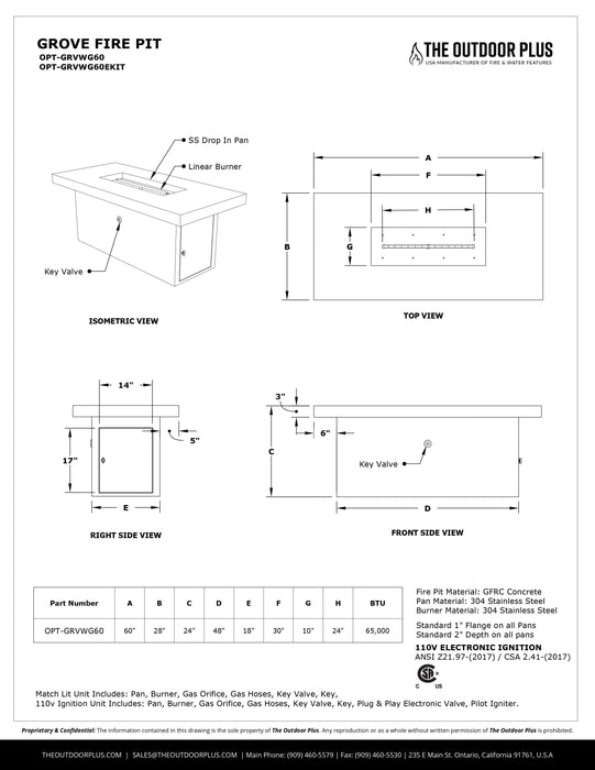 The Outdoor Plus 60" Grove Wood Grain Fire Pit - Flame Sense System with Push Button Spark Igniter - OPT-GRVWG60FSEN