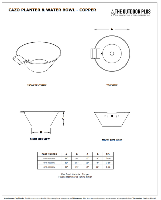 The Outdoor Plus Cazo 36 Inch Hammered Patina Copper Planter and Water Bowl - OPT-R36CPW