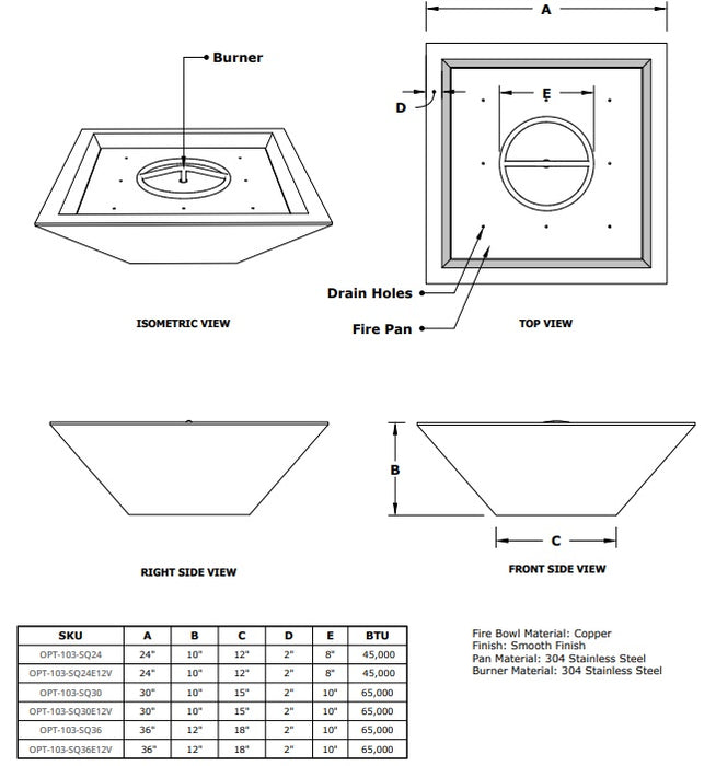 The Outdoor Plus Maya 12V Electronic  Ignition Hammered Copper Square Fire Bowl - 24" - OPT-103-SQ24E12V