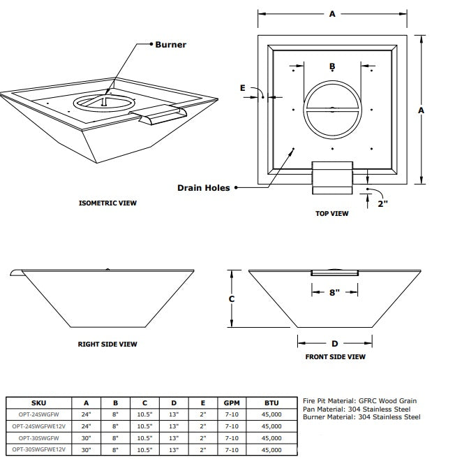 The Outdoor Plus  Maya 12V Electronic Ignition Wood Grain Square Fire and Water Bowl -  24" - OPT-24SWGFWE12V