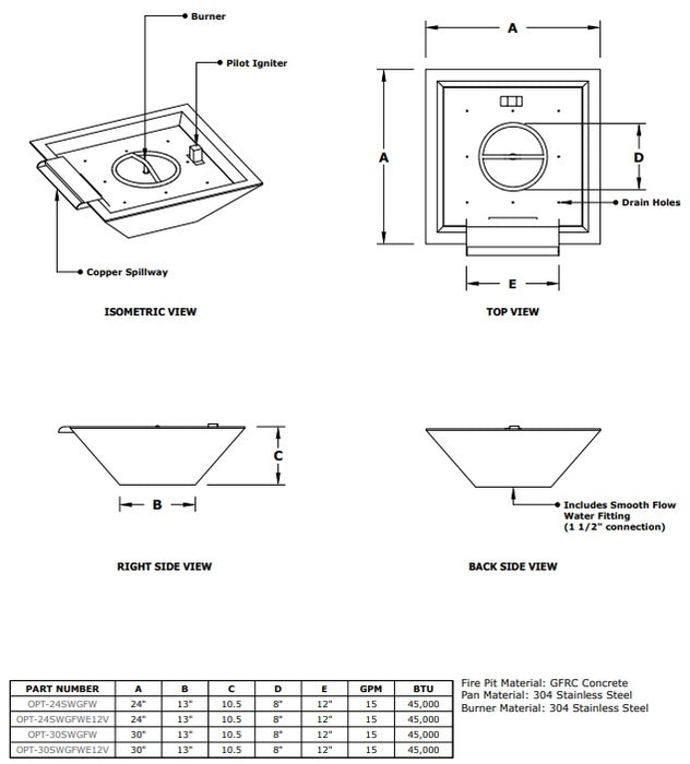 The Outdoor Plus Maya 12V Electronic Ignition Wood Grain Square Fire and Wide Spill Water Bowl - 24" - OPT-24SWGFWWSE12V