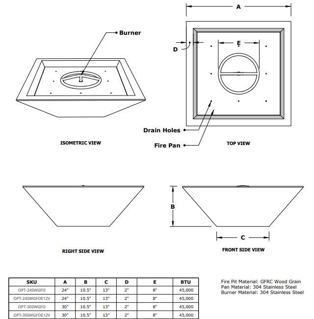 The Outdoor Plus Maya Match Lit  Wood Grain Square Fire Bowl - 30" - OPT-30SWGFO