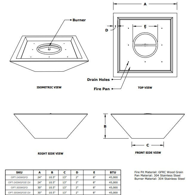 The Outdoor Plus Maya 12V Electronic Ignition Wood Grain Square Fire Bowl - 24" - OPT-24SWGFOE12V