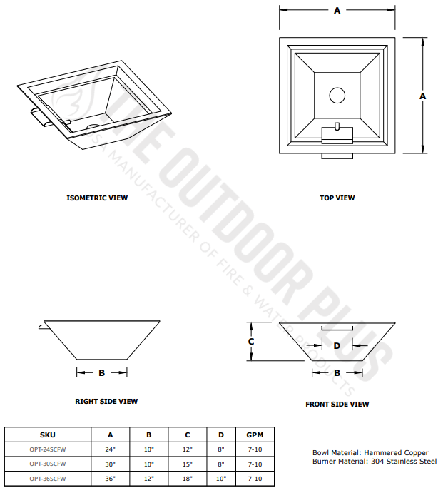 The Outdoor Plus Maya Hammered Copper Square Planter with Water Bowl - 24" - OPT-24SCPW