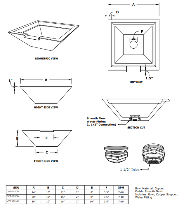 The Outdoor Plus Maya Hammered Copper Square Water Bowl - 24" - OPT-24SCW