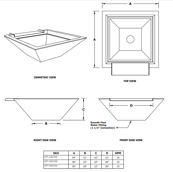 The Outdoor Plus Maya Hammered Copper Square Water Bowl - Wide Spillway - 24" - OPT-24SCXW