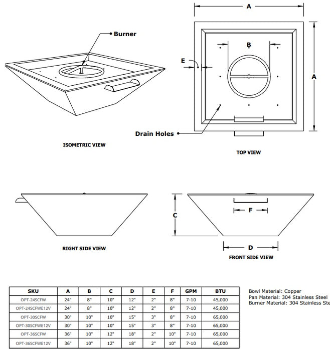 The Outdoor Plus Maya Match Lit Hammered Copper Square Fire and Water Bowl - 24" - OPT-24SCFW