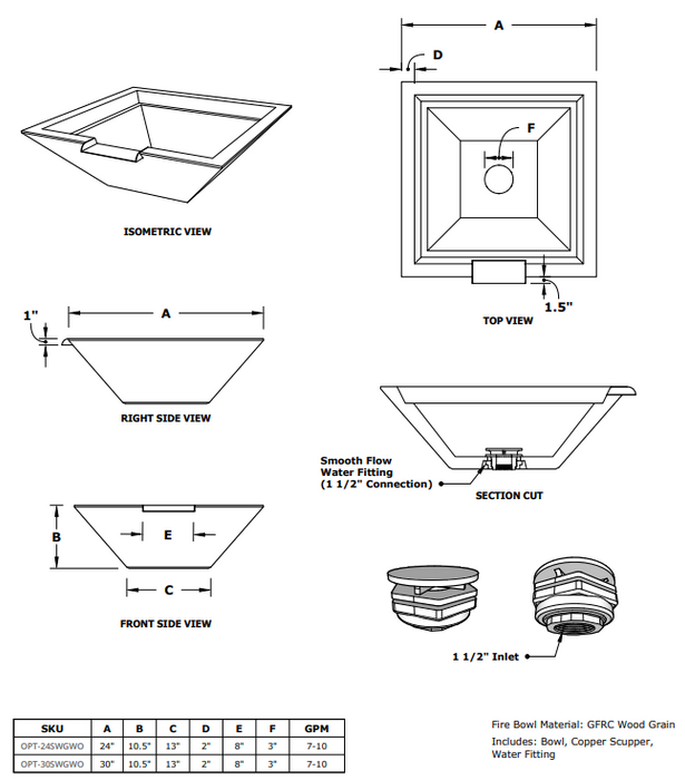 The Outdoor Plus Maya Wood Grain Square Water Bowl - 30" -  OPT-30SWGWO