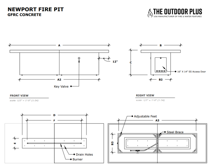 The Outdoor Plus Newport Concrete Fire Table 72" x 36" - 10V Plug & Play Electronic Ignition - OPT-NPTT72EKIT