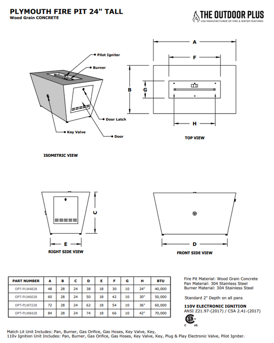 The Outdoor Plus Plymouth Rectangle 24" Tall Fire Pit in Wood Grain Fire Pit - 12V Electronic Ignition - OPT-PLM7228E12V