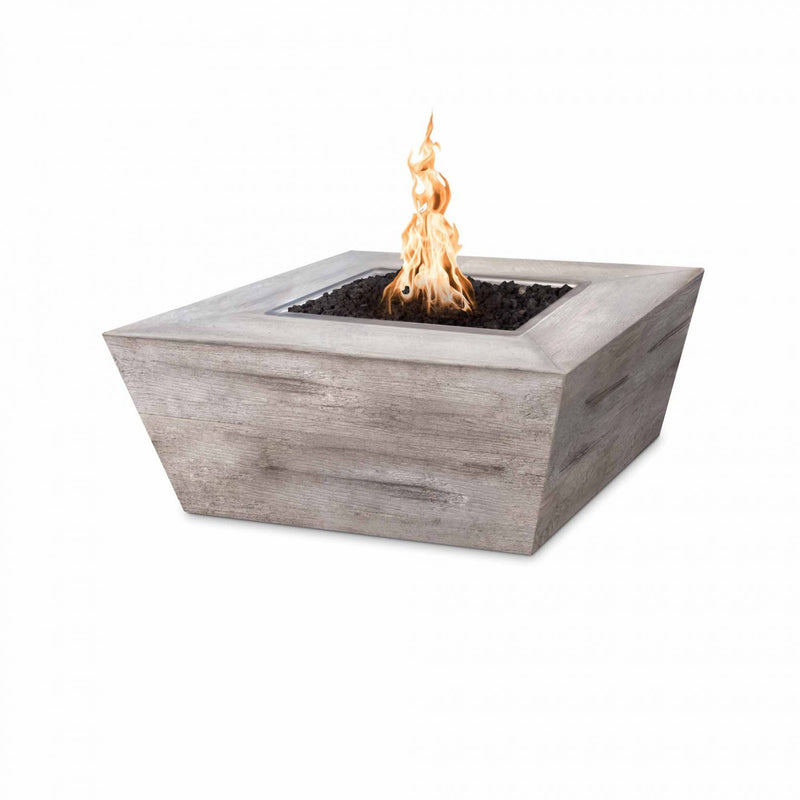 The Outdoor Plus Plymouth Square 16" Tall Fire Table in Woodgrain Concrete - 110V Plug & Play Electronic Ignition - OPT-PLMS36LWEKIT