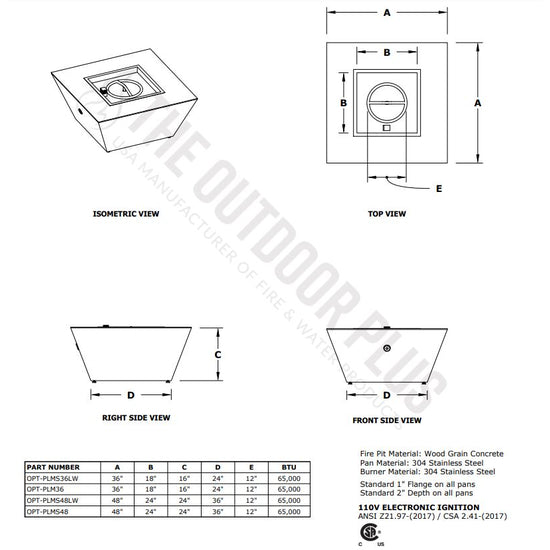 The Outdoor Plus Plymouth Square 16" Tall Fire Table in Woodgrain Concrete - 12V Electronic Ignition - OPT-PLMS48LWE12V