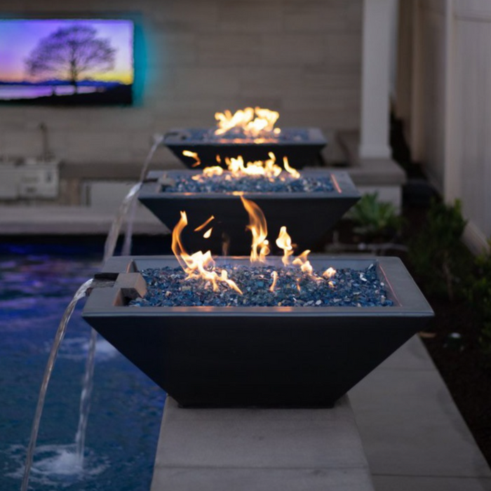 The Outdoor Plus Series Maya GFRC 12V Electronic Concrete Square Fire & Water Bowl - 24" -  OPT-24SFWE12V