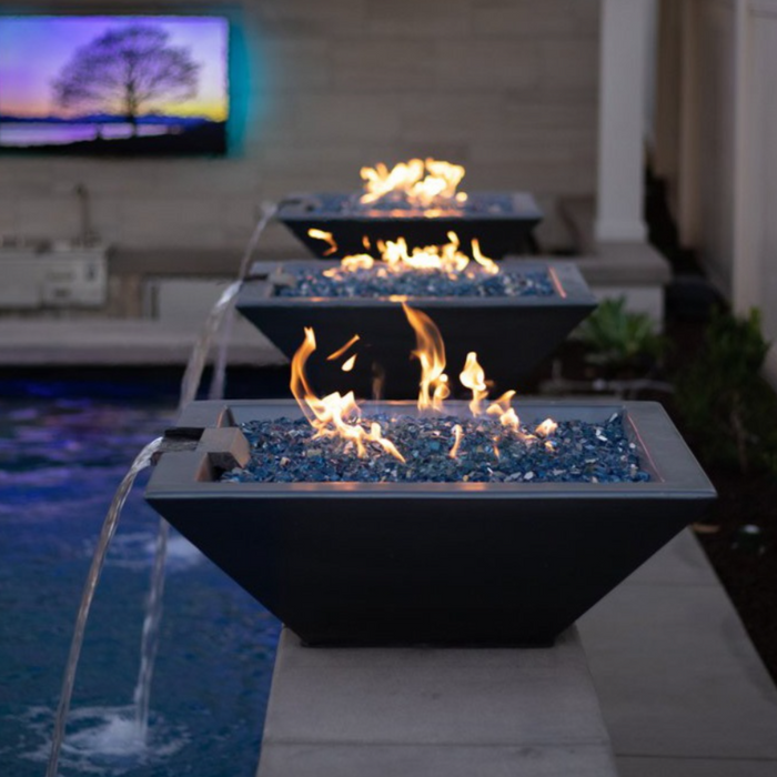 The Outdoor Plus Series Maya GFRC 12V Electronic Concrete Square Fire & Water Bowl - 30" -  OPT-30SFWE12V