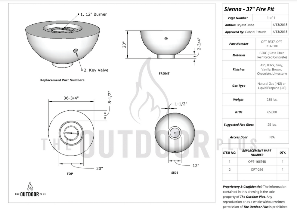 The Outdoor Plus Sienna 37" Concrete Fire Pit -  110V Plug & Play Electronic Ignition - OPT-RF37EKIT