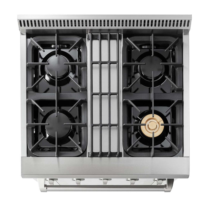 Thor Kitchen 2-Piece Pro Appliance Package - 30-Inch Dual Fuel Range & Pro-Style Wall Mount Hood in Stainless Steel